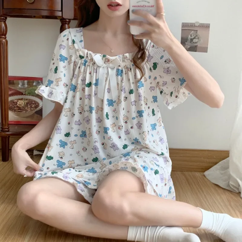 5XL 110KG Large Size Summer Pajamas Korean Ladies Loungewear Princess Style Sweet Cartoon Short Sleeve Shorts Loose Home Clothes