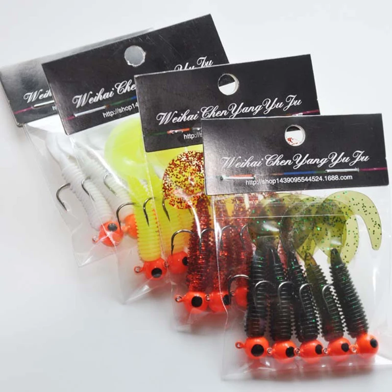 1 set 5pc jig hook 5g 6cm soft tail lure bait worm maggot silica fishing tackle grub bait for fishing perch tackle Silicone bait