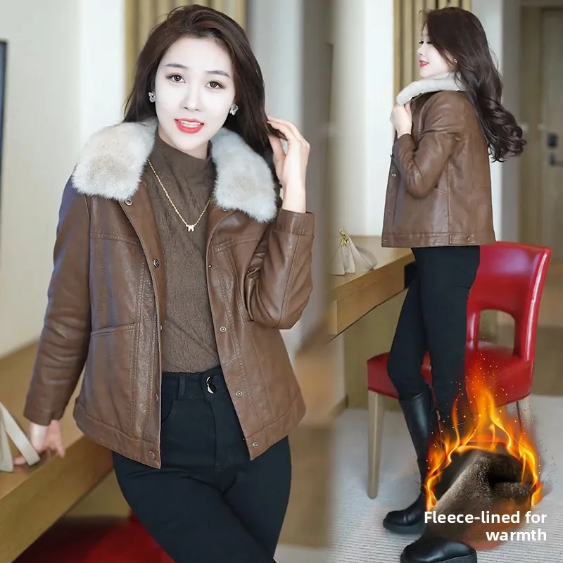 Faionable Fce gefüttertes PU-Leder Ort Jaet Damen Winter New Sle Ele Damen Vielseitiger großer Pelzkragen Trendy