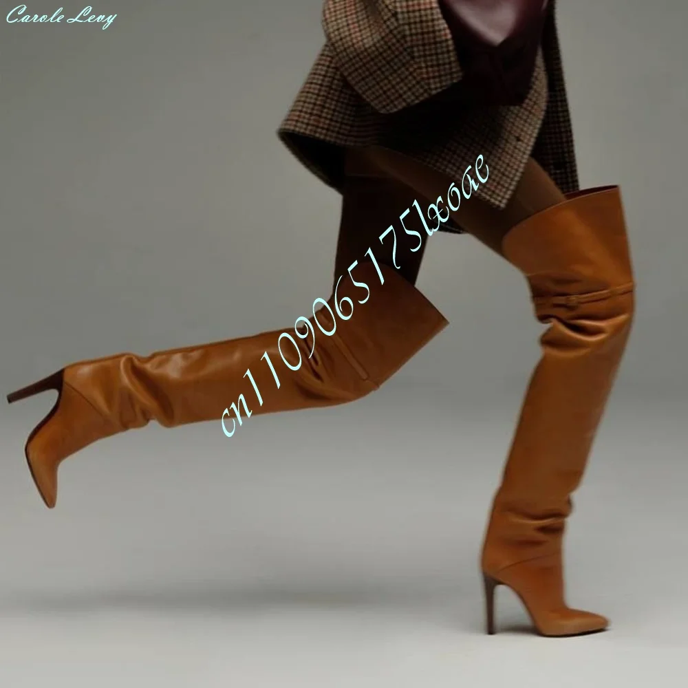 Daily Commute Slouchy Thigh High Boots Ladies Ruched Over‑Knee Boots Pointed Stiletto Heel Foldable Shaft Fashion Women Shoes