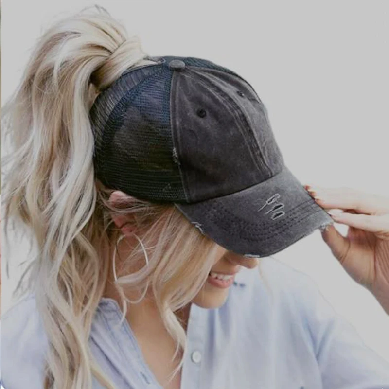 Boné de beisebol rabo de cavalo vintage feminino ajustável snapback chapéu malha angustiado verão boné mulher chapéu de sol