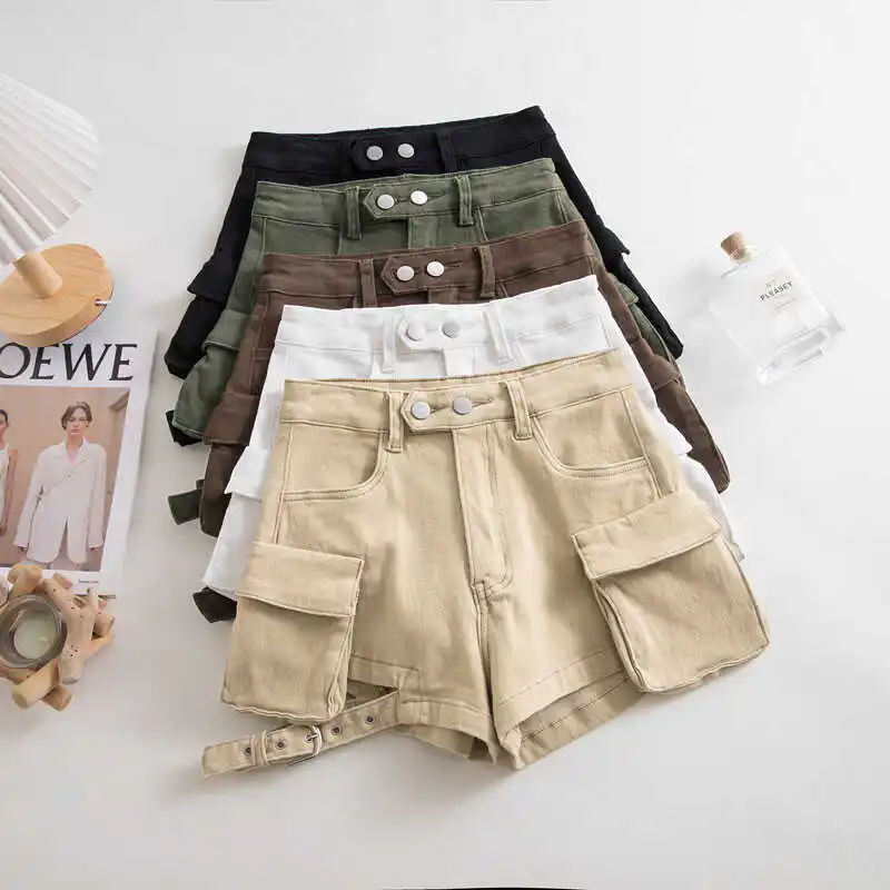 

Retro Elastic High Waisted Denim Shorts For Women Summer American Style Large Pocket A-line Hot Pants High Street Cargo Shorts