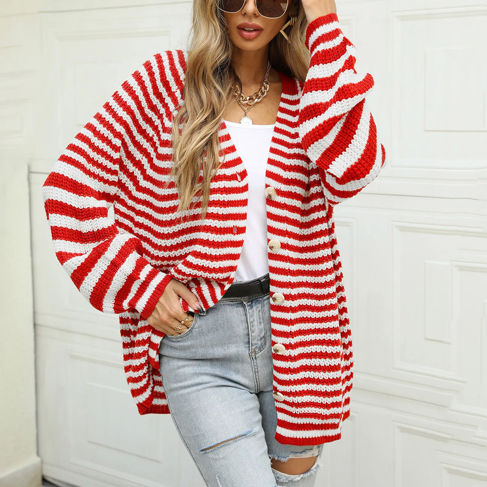 2025 New Women's V-neck Stripes Sweaters Long Sleeve Button Down Cardigan Casual Loose Knit Ribbed Sweater Coat