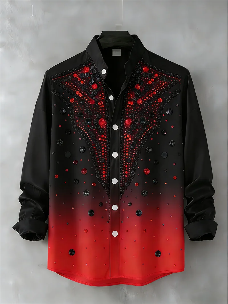 New Men's Casual Street 3D Printed Shirt with Diamond Pattern Fashionable Casual Long Sleeved Collar Shirt Top