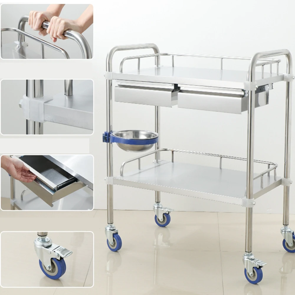 Medical Dental Lab Cart with 2 Shelves Stainless Steel Wheels Trolley with Drawers for Laboratories Clinics Hospitals