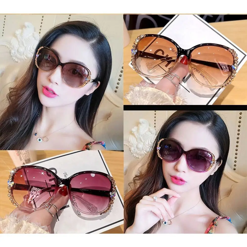 نظارات شمسية عصرية لامعة من حجر الراين كبيرة الحجم للحماية من الأشعة فوق البنفسجية وعدسات متدرجة للحماية من الشمس للنساء