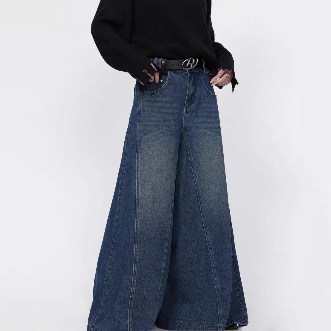 Winter Women y2k Korean Streetwear Style Baggy Flared Blue Jeans 2024 New in Free Shiping Fashionable Pants for luxury Clothing