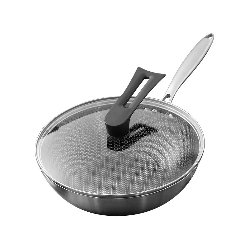 

New 304 stainless steel non-stick flat frying pan with lid open flame induction cooker compatible smokeless frying pan
