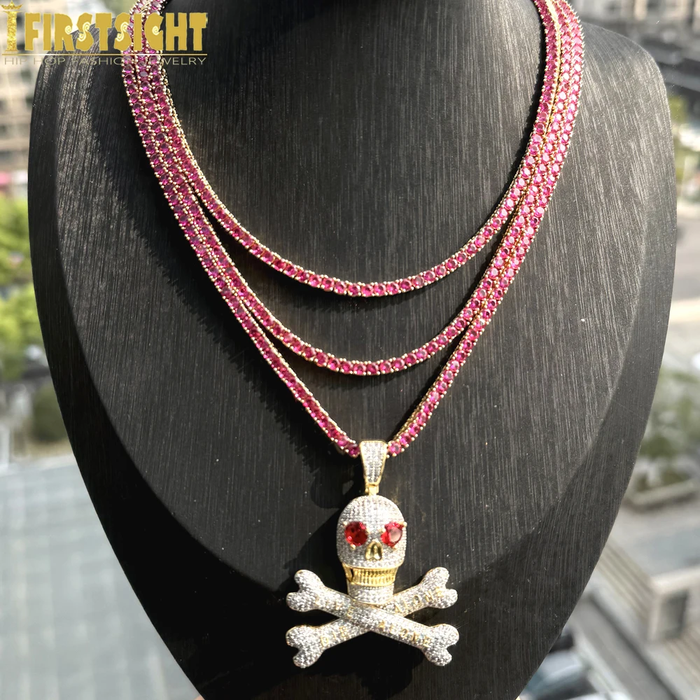 

2025 New Iced Out Pirate Skull Pendant Necklaces 3mm Tennis Chain Gold Color Red 5A Zircon Live Alone Charm Men Hip Hop Jewelry