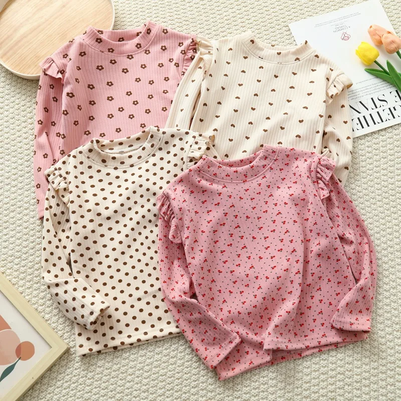 2-10T 2026 Autumn Winter Baby girl clothes Long Sleeved Undershirt Cute Floral Dots T-shirt Sweet Children girl blouse