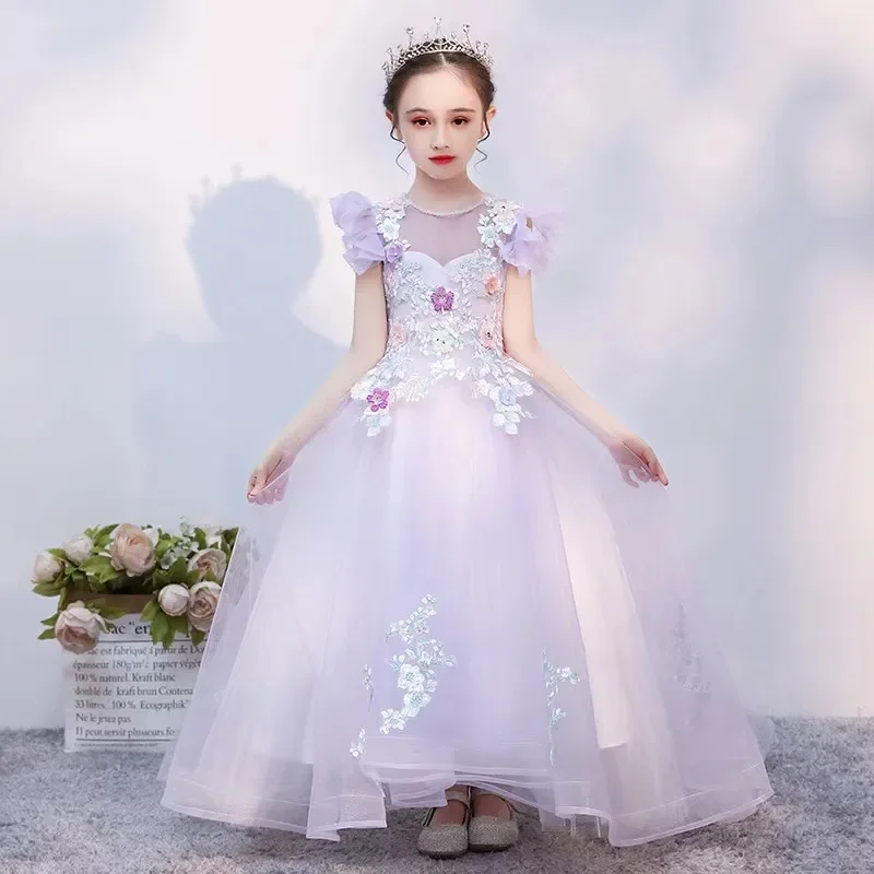 Bella ragazza viola principessa abito da ballo Appliques di pizzo perla prima comunione costumi da ballo vestito fiore 2023