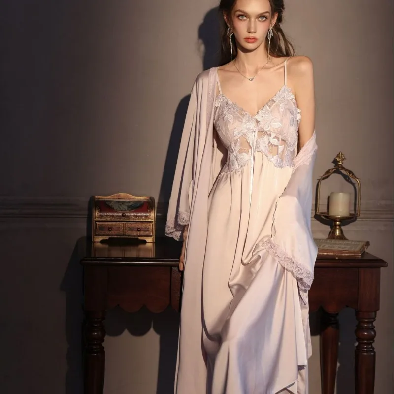 

High End Women's Sexy Pajamas Chest Pad Long French Suspender Nightdress Pure Comfort Desire soft cozy 2 Pieces Elegant XL Size