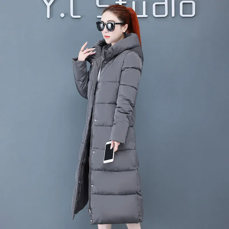 Down Padded Jacket Women Mid-Length Coat 2024 Female For Winter New Hooded Jacket Over The Knee Long Thick Slim-Fitting Jacket