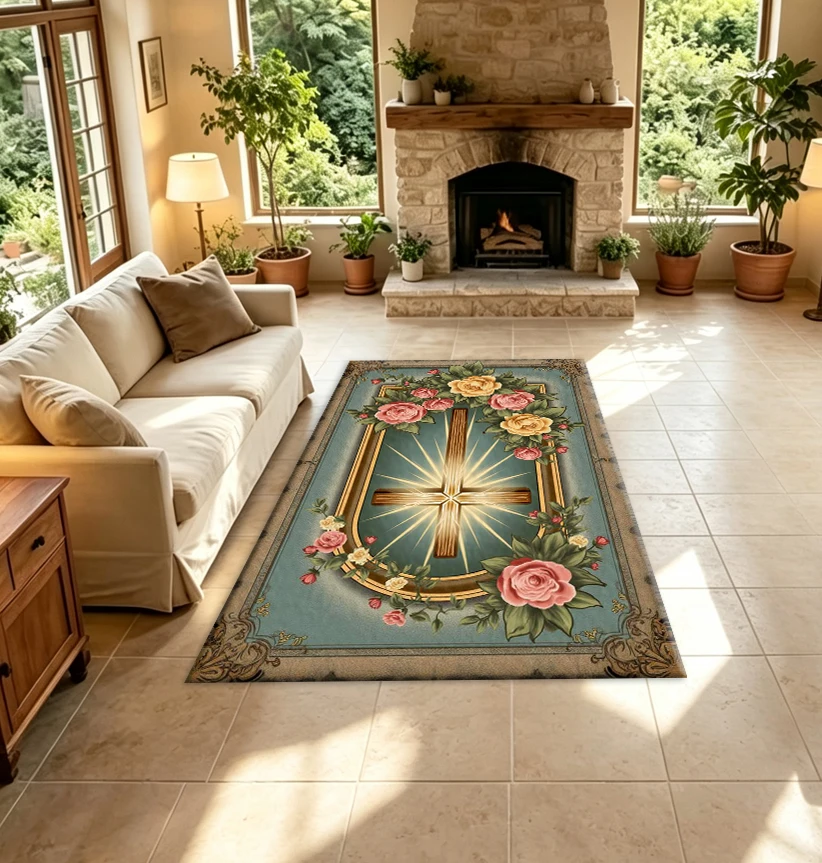 Vintage Rose Floral Cross Art Carpet Flooring Religious Themed Household Decorative Floor Carpet