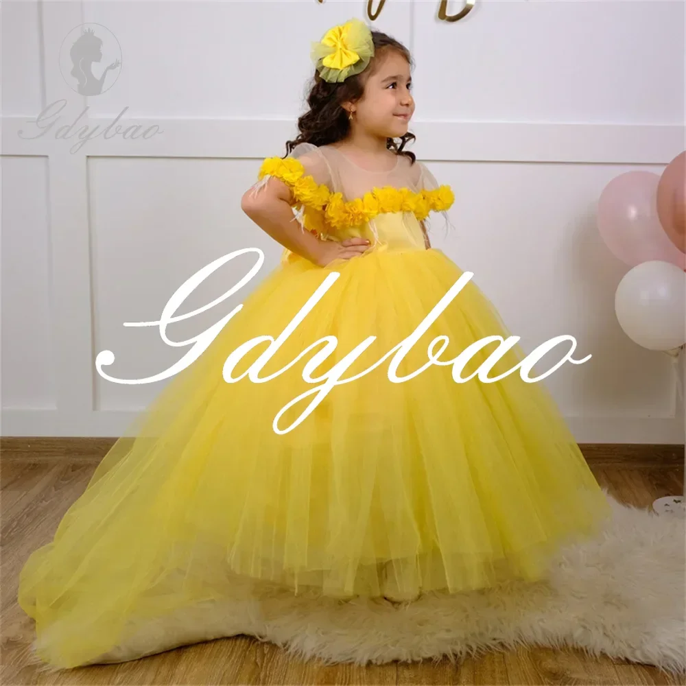 Princesa sin tirantes plisado flores una línea vestido de fiesta de boda arco fuera del hombro hasta el suelo vestido Formal Simple de primera comunión