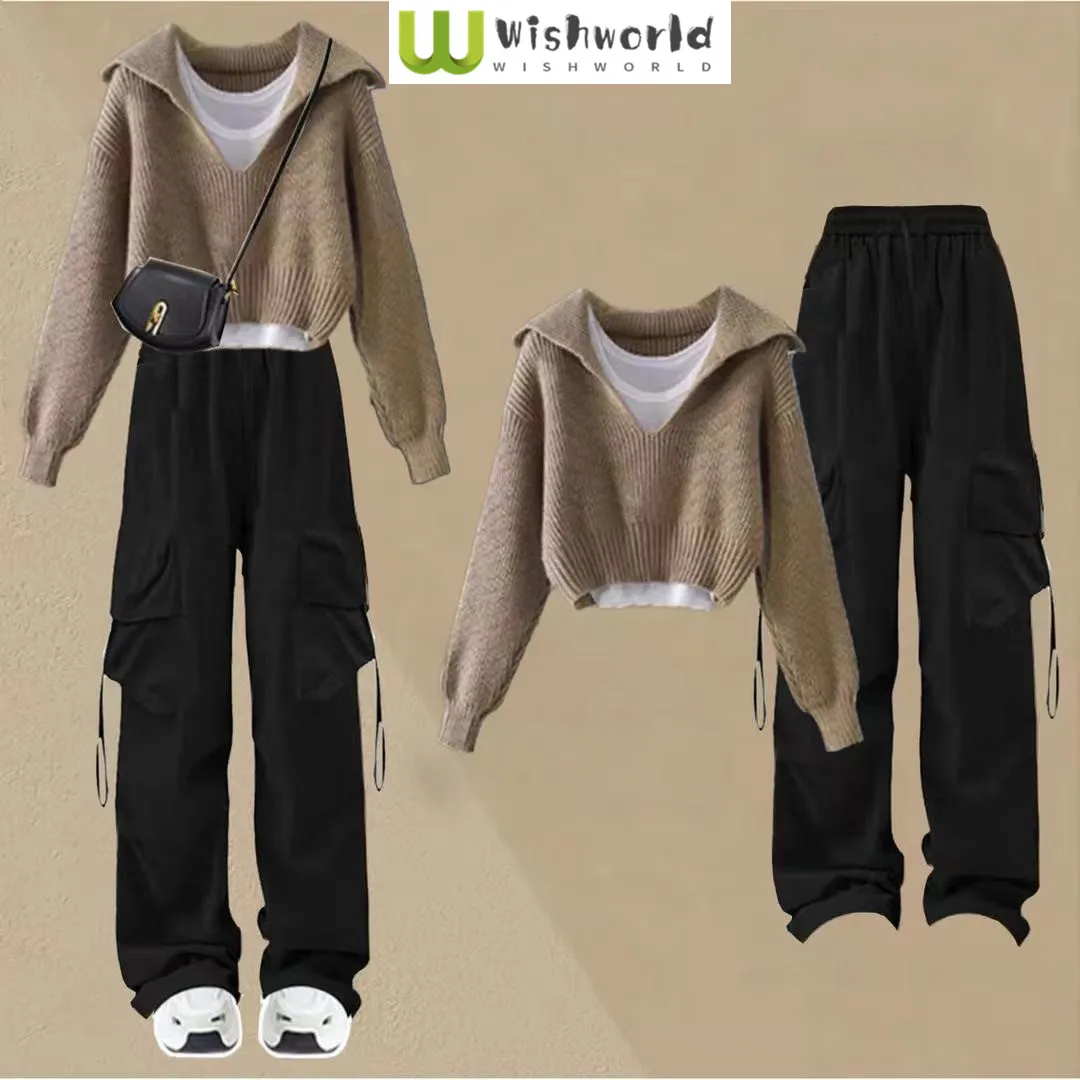 

Spring and Autumn Fashion Set Women's Korean College Style Knitted Sweater+vest+design Sense Work Pants Three Piece Set