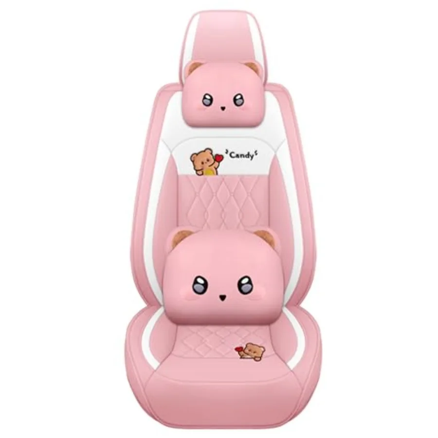 Cartoon Bear car seat cover 5-piece set for girls and women, PU leather material, pink color, universal fit for cars SUVs and p