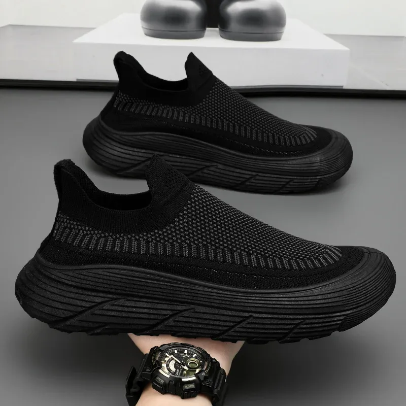 European 2025 New Spring Casual Sports Shoes Men's Sneakers Breathable Mesh Upper Thick Base Knitted Men Shoes Thick Base Single