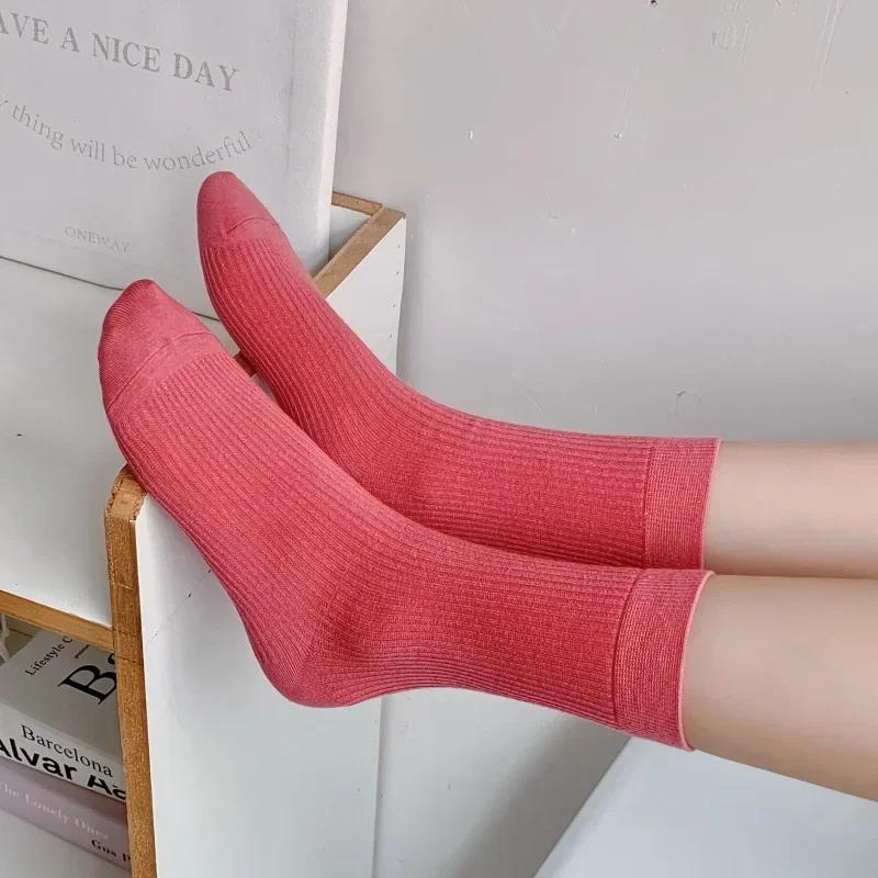 Spring Summer Women Colored Medium Tube Socks Korean Thin Cotton Stacking Fashion Versatile Japanese Striped Stockings Women