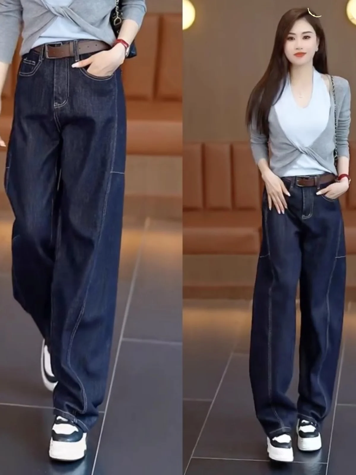 

Loose Comfortable Women's Jeans High Waist Wide Leg Fce Lined Spring Autumn plus Size Banana Pants Casual Trousers