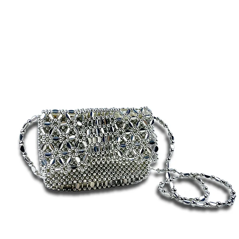 Hollow Out Design Metal Silver Acrylic Flower Beaded Crossbody Bag Women Hand-woven Small Evening Bag Dinner Party Clutch Purse