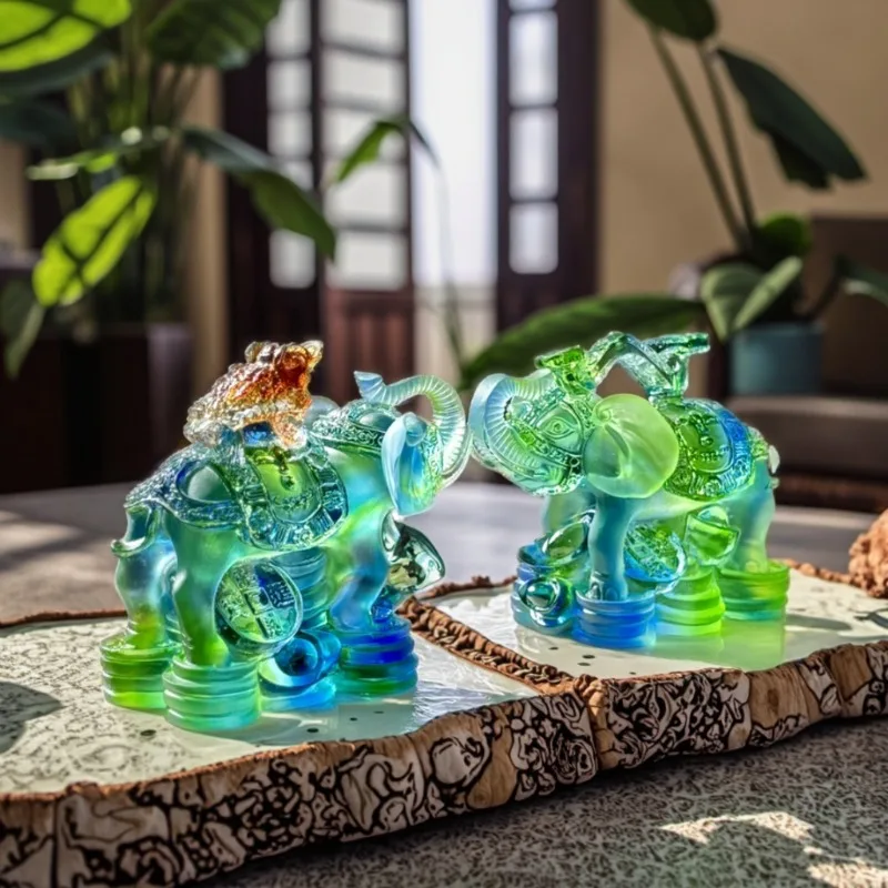 Glazed crystal colored glass elephant statue, crystal animal statue colored crystal glazed feng shui elephant