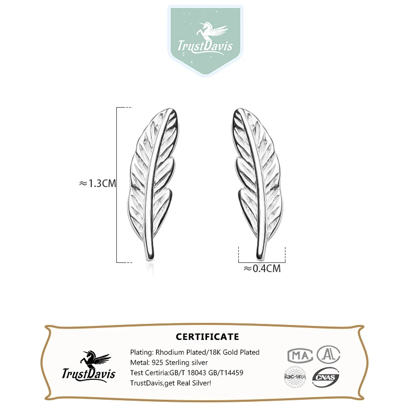 TrustDavis Real 925 Sterling Silver Earring Fashion Sweet Feather Charm Stud Earrings For Women Mother\'s Day Jewelry Gift DS90