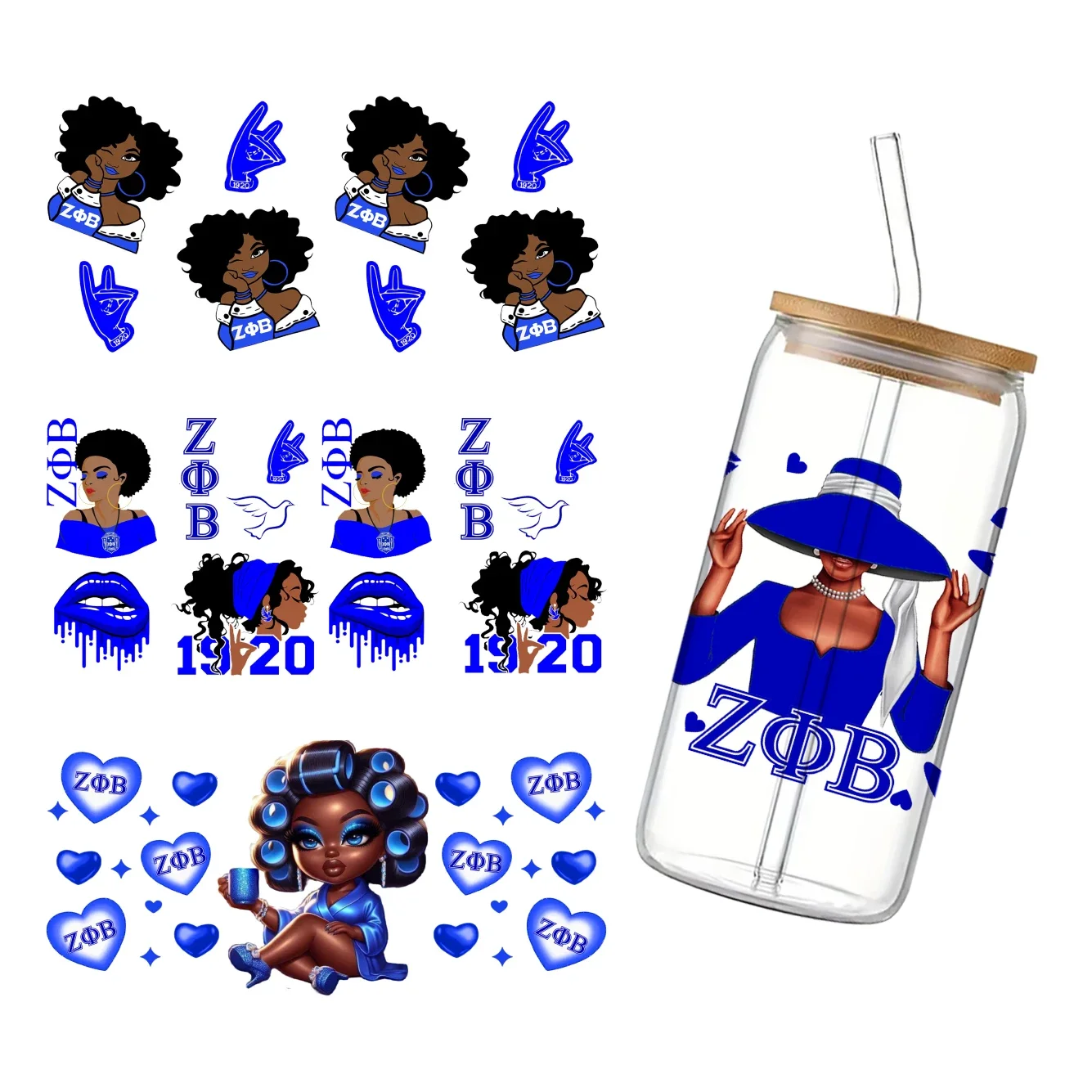 Zeta Phi Beta Sorority 11*24cm UV DTF Wrap Transfer Sticker DIY For 16oz Libbey Glass Cup Waterproof Decals Coffee Cup Sticker