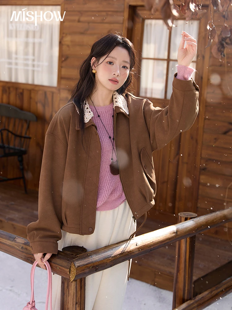 

MISHOW коричневая куртка для женщин, осень-зима 2022, ретро съемный кружевной воротник, куртка с завязками на подоле, женская одежда MXE45W0846