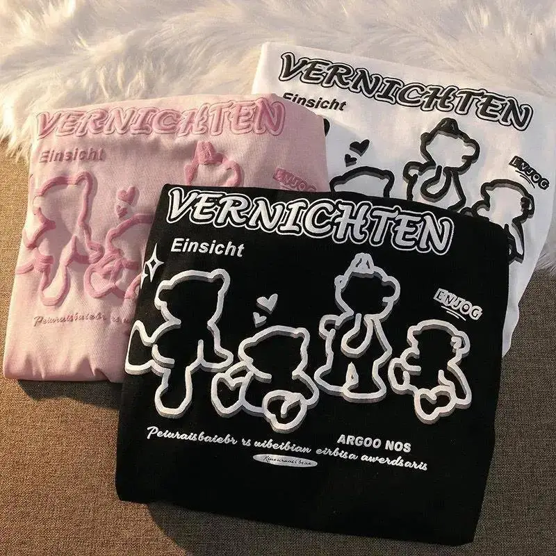 Women Oversized Summer Kawaii Bear Full Printed Tie-Dye Short-Sleeved T-Shirt Loose Ins Harajuku Casual Half-Sleeved Top Goth