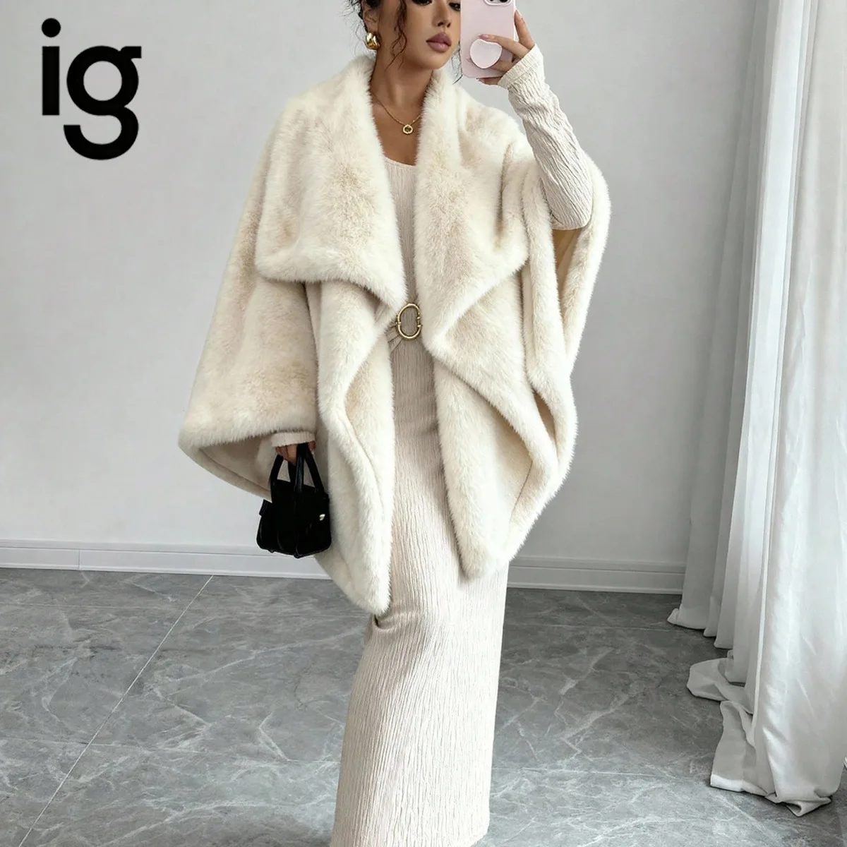 IG Women Faux Fur Cape Coat, Large Lapel Collar Open Front Poncho, Winter Warm Fluffy Shawl Cloak Elegant Party Outerwear