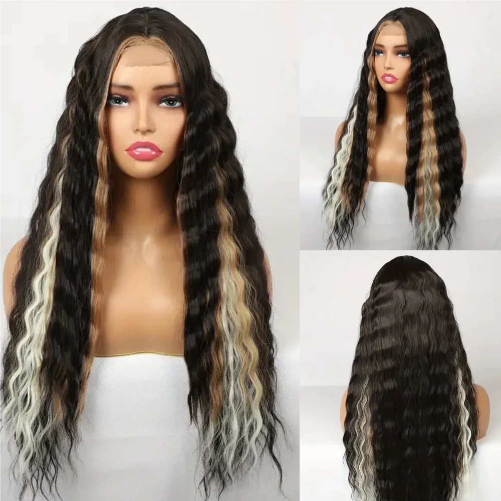 شعر مستعار مجعد اصطناعي مع ضوء أرجواني للنساء ، موجة عميقة طويلة ، تجعيد طبيعي ، تجعيد ، ظربان ، شريط ، دانتيل أمامي ، داي