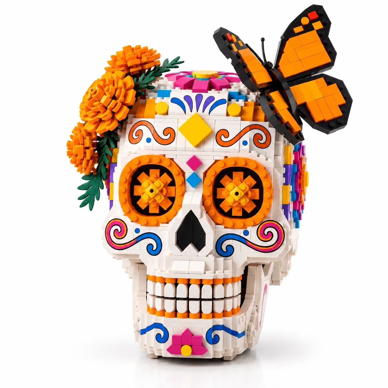 Halloween Day of the Dead Skull Building Blocks Model with Butterfly Flowers DIY Assembly Display Ornament Home Decor Gift Art