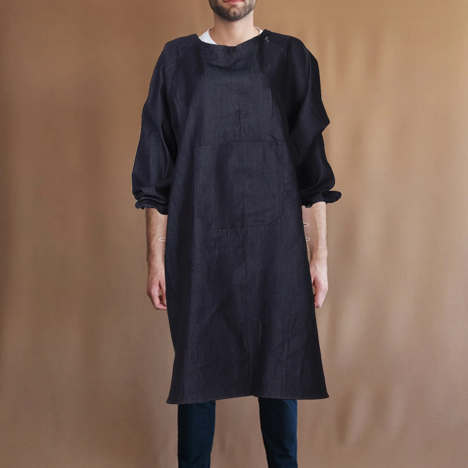 مريلة عمل بأكمام طويلة من قماش الدنيم السميك الممتاز، مقاس كبير، أداة متعددة الأغراض، مريلة مطبخ واقية للطبخ