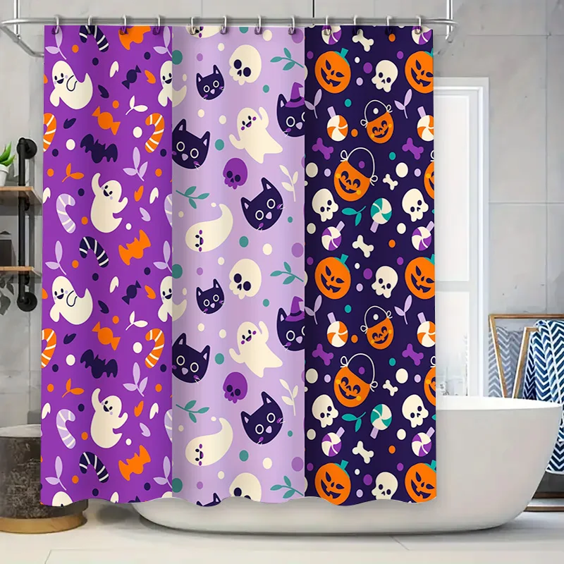 

Фиолетовые шторы для душа на Хэллоуин с принтом призраков и кошек, 3D водонепроницаемая ткань, домашний декор для ванной комнаты, набор из четырех панелей (59x70