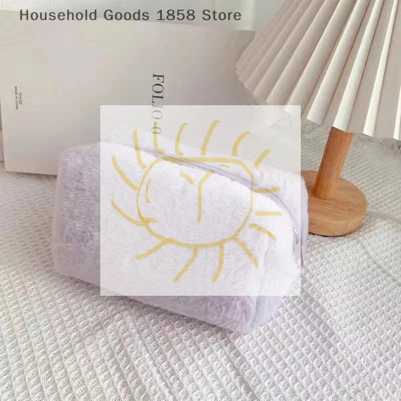 1PC Cute Plush Makeup Bag For Women Portable Travel Small Cosmetic Solid Color Zipper Toiletry Bag Washing Pouch Storage Bags
