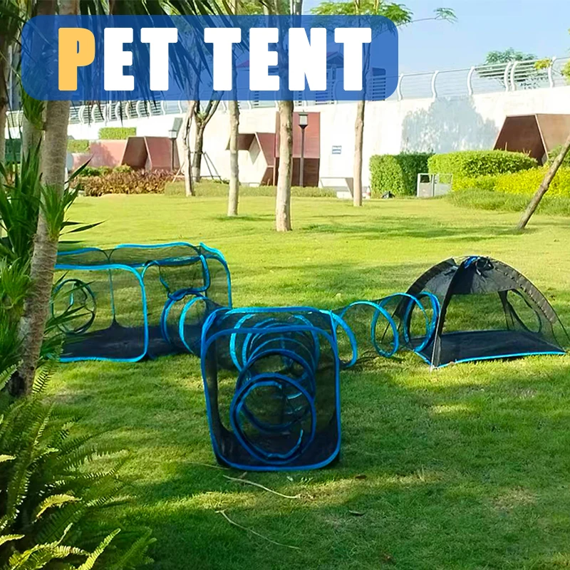 

4-in-1 Portable Mesh Cat Fence with Tunnel Indoor Outdoor Playhouse Multi-Animal Suitable Pet Cage - Easy Setup