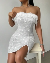 Women Casual Feather Detail Allover Sequin Party Dress Temperament Commuting Clothes Women's Elegant Skinny Bandeau Dresses