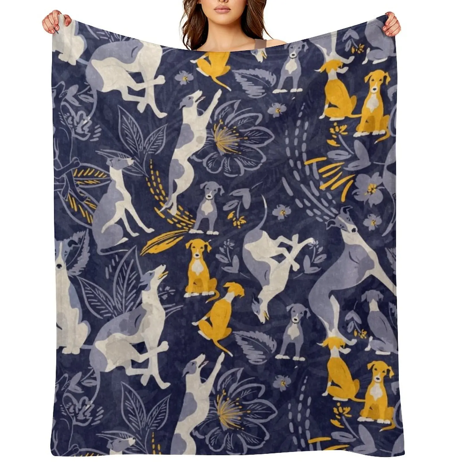 

Greyhound midnight blue and yellow pattern Throw Blanket Decoratives Kid'S Bed covers Bed Fashionable Blankets