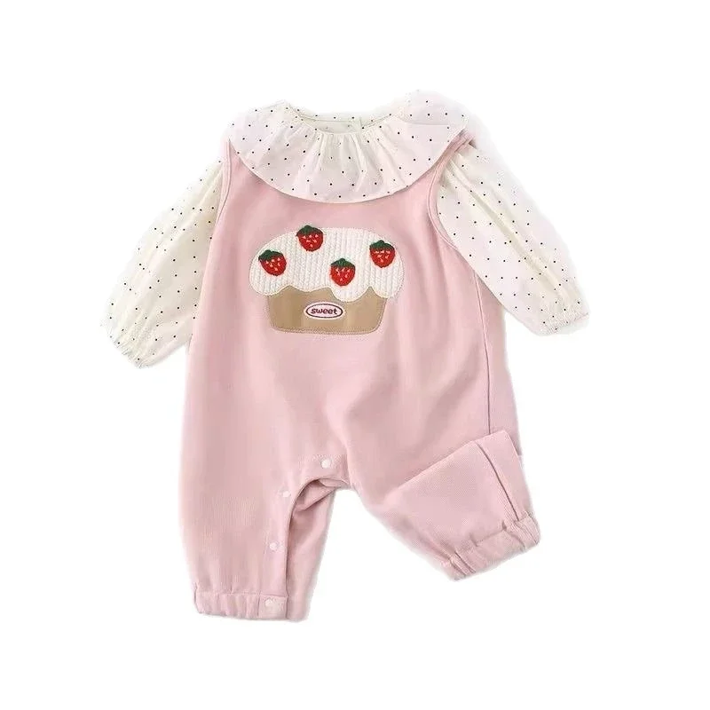 Newborn Fall Carrier Set Baby Girls Cute Embroidered Strawberry 2-Piece Outfit Infant Halloween Cartoon Ruffled Collar Romper