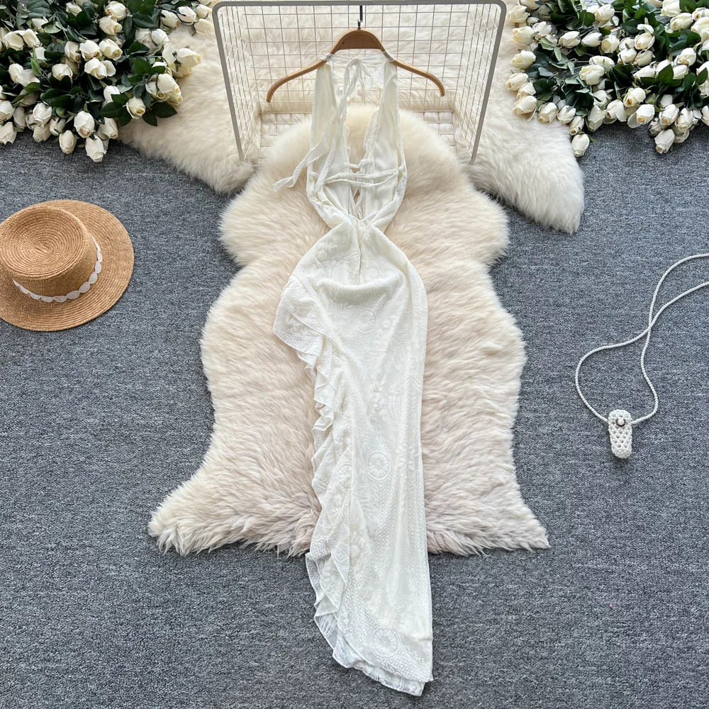 Abito a tubino diviso con volant sexy vintage chic Elegante fata moda coreana Boho Vestito estivo abbigliamento donna Abito lungo