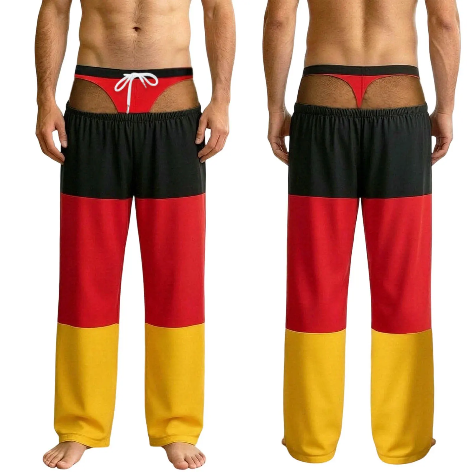 Mens Funny USA Flag Wide Leg Pants Fake Thong Cutout Design Novelty Bachelor Party Costume Casual Lounge Sleep Trousers
