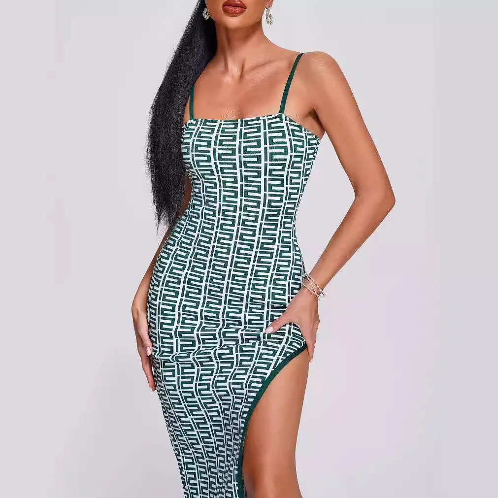 

Jacquard dress explosion slim bandage dress suspender high slit dress party sexy temperament elegant high-end clothing dance cos
