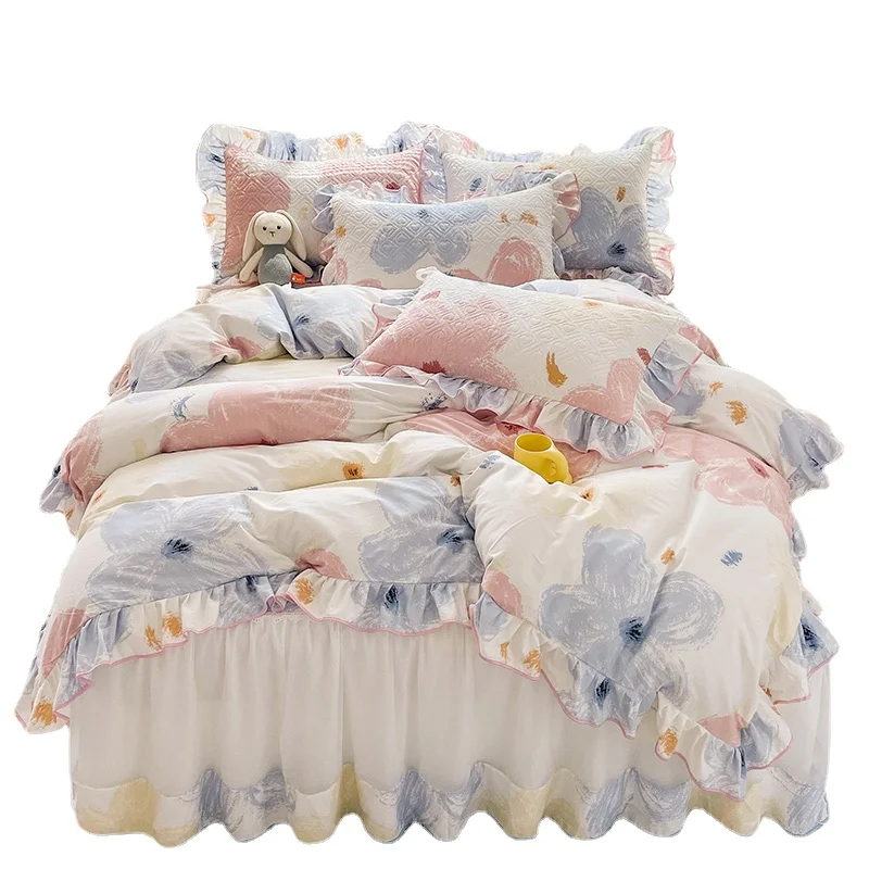 Four-Piece Cotton Bed Skirt Thick Warm Twill Bedding Bedspread-Style Double Quilt Cover Four Seasons Universal 1.8M Household1Pc