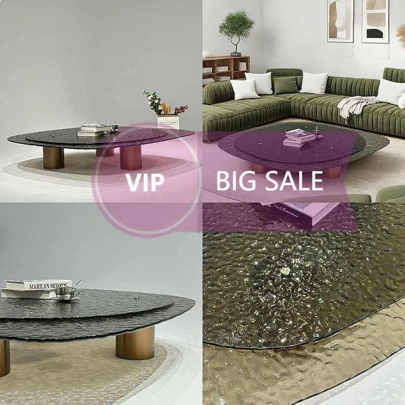 Ni Italian Minimalist Irregular Coffee Table 2026 Villa Shaped Water Ripple Glass Luxury Tea Color New Double Layer