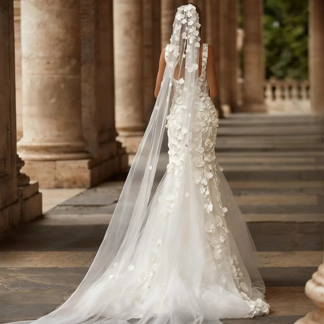 Fancy Mermaid Pleat Backless Tulle Appliques Wedding Dress Square Collar Wedding Dresses for Bride Customized