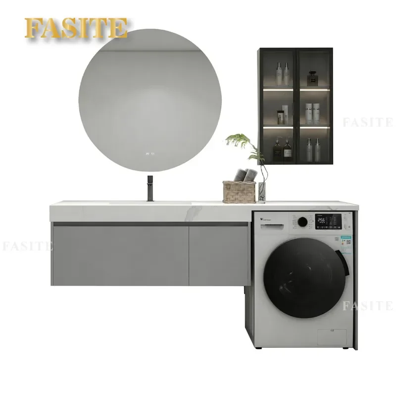 For Bathroom Ceramic Integrated Basin Vanity Cabinet with Laundry Storage Combo Modern Wall Mounted Washbasin Unit Space