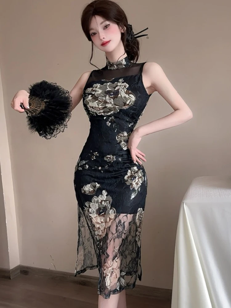 ผู้หญิงเกาหลี Vintage Hepburn ชุดราตรีหรูหราฤดูร้อนสีดํา Jacquard ดอกไม้ Hollow Out ชุดเซ็กซี่ 2025 Elegant Bodycon Dress