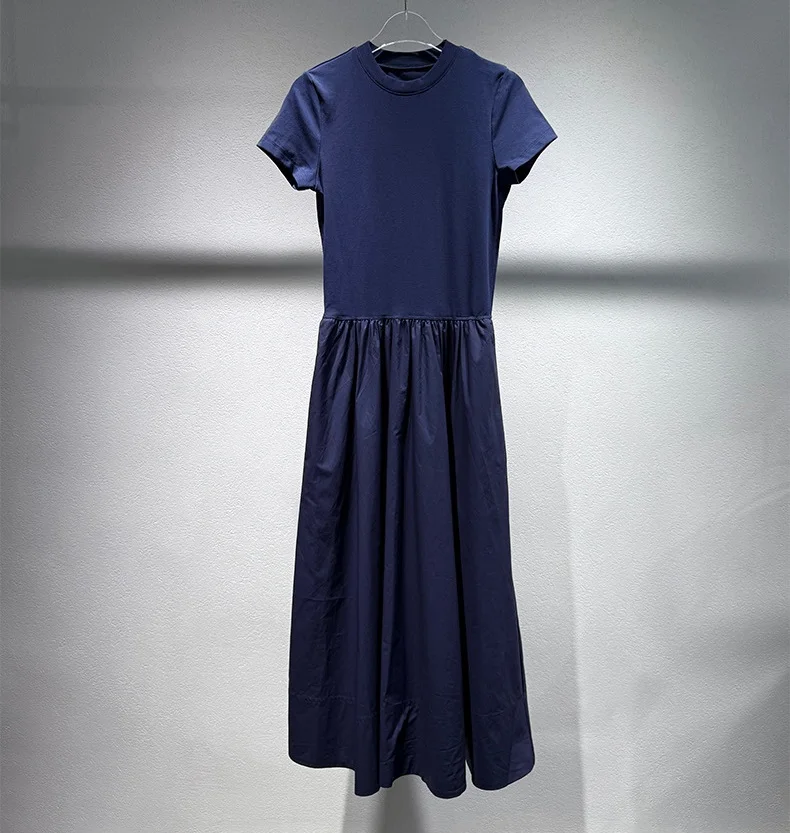 คุณภาพสูงใหม่เสื้อยืดยาวชุด 2025 ฤดูร้อน Lady กระเป๋า Patchwork ความยาวกลางลูกวัวสบายๆสีขาวสีน้ําเงินเข้มชุดผ้าฝ้าย