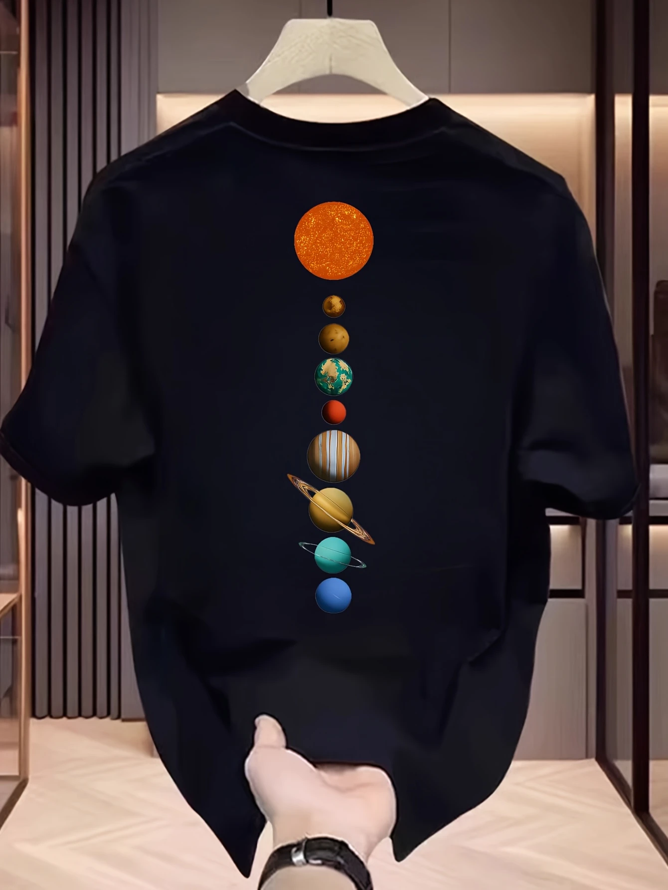 Vertical Solar System Planets Back Print T Shirt Astronomy Space Graphic Oversized Casual Cotton Men Women Tee
